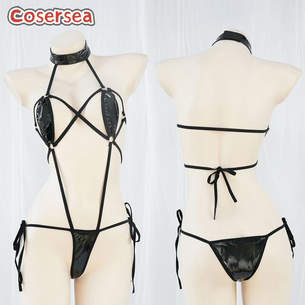 Sexy One-piece Black PU Leather Strap Bikini Three-point Underwear