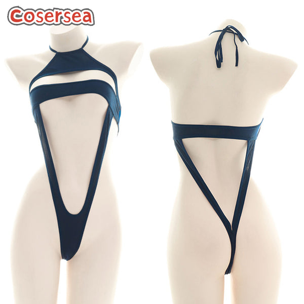 Sexy One-piece High Fork Lingerie Dark Blue Hollow Bikini Sleepwear