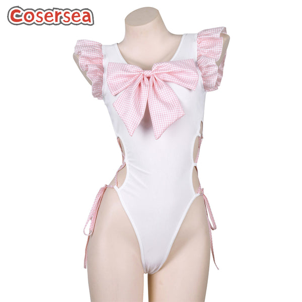 Sexy One-piece Ruffled Strap Pajamas Lingerie With Pink Grid Bow
