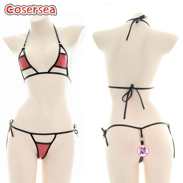 Sexy PU Leather Bikini Three Point Underwear Strap Pajamas Maid Dress