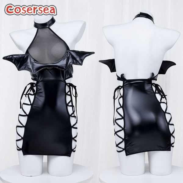 Sexy PU Leather Dress Little Devil Lace-up Cosplay Nightdress Leaky Nipple Pajamas