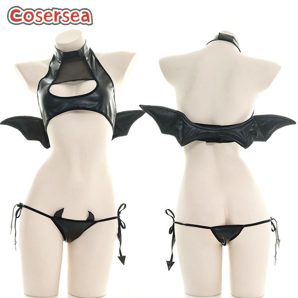 Sexy PU Leather Little Devil Wings Underwear Flirty Hollow Role Play Performance Costume
