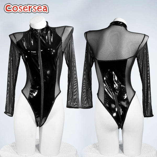 Sexy PU Leather One-piece Zipper Long Sleeve Performance Underwear