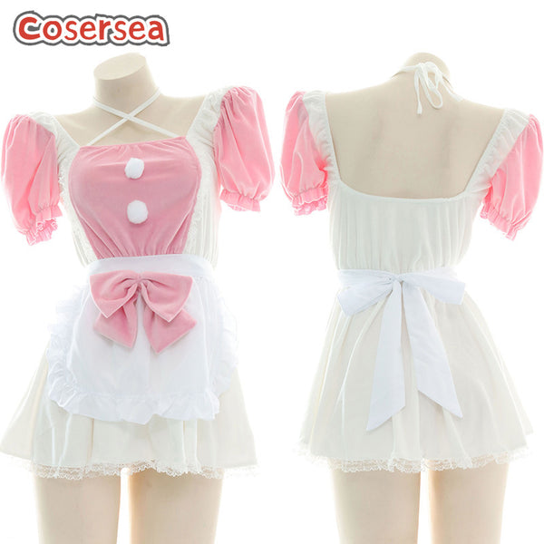 Sexy Pink And White Plush Maid Dress Girls Nightdress Cute Role Play Underwear