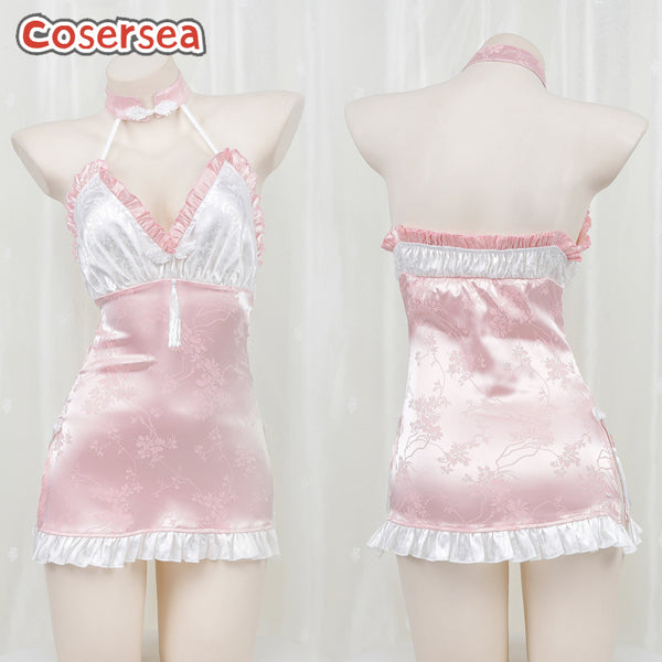 Sexy Pink Backless Cheongsam Sleepwear Dark Patterned Jacquard Nightgown