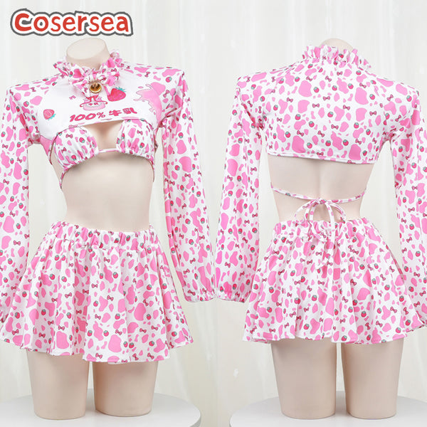 Sexy Pink Cow Print Split Suit Long Sleeve Ultra Short Bikini Private Bedroom Nightdress