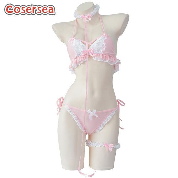 Sexy Pink Lace Lingerie Three-point Bikini Ruffled Pajamas Underwear