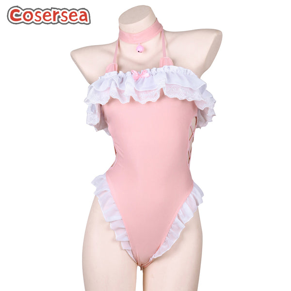 Sexy Pink Ruffled Lingerie Women's One-piece Swimsuit Suspender Dress