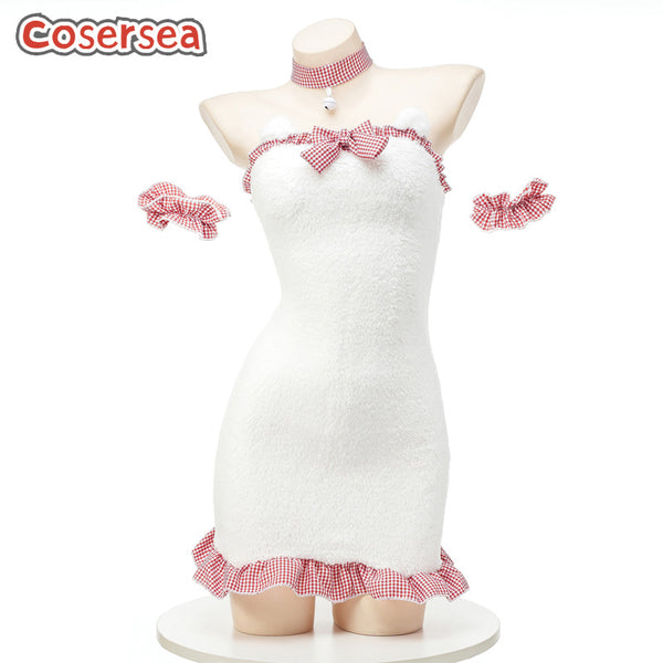 Sexy Plush Halter Maid Bear Nightdress Lace Bow Pajama Wrap Hip Dress