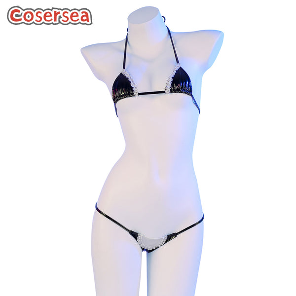 Sexy Three-point Mini Bikini Black PU Leather Seductive Pajamas