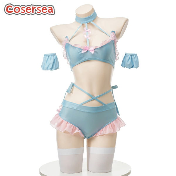 Sexy Two-piece Swimsuit Halter Blue Pink Tight Bikini Peplum Pajamas