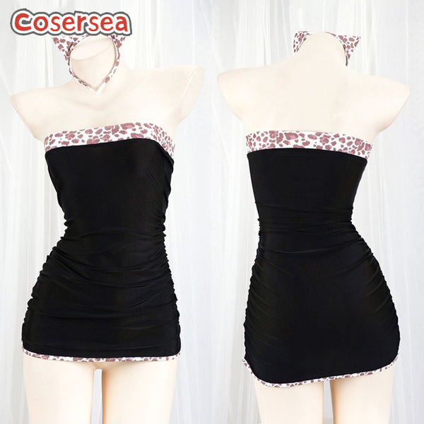 Sexy Ultra Short Leopard Print Pleated Skirt Strapless Tight Maid Dress