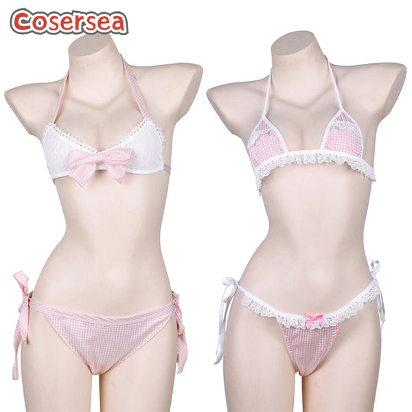 Sexy Underwear Halter Strap Plaid Lace Edge Bikini Women's Three-point Pajamas