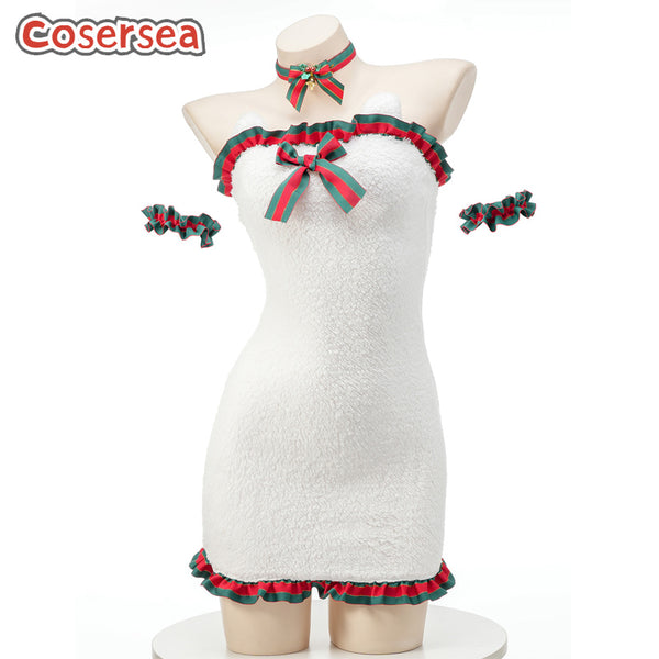 Sexy White Christmas Bear Maid Nightdress Plush Wrapped Hip Lace Skirt Roleplay Dress