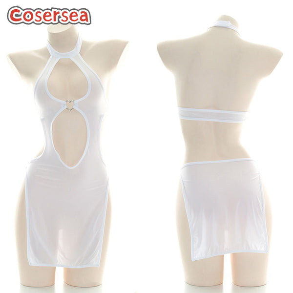 Sexy White Semi-transparent Cheongsam Love Hollow Nightdress Pajamas Homewear