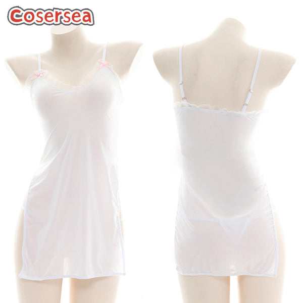 Sexy White Semi-transparent Silk Nightdress Lace Pajamas Anchor Performance Dress