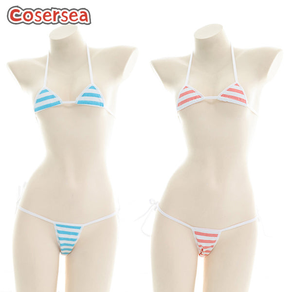 Sexy Women Three-point Bikini Blue Pink Triangle Cotton Striped Underwear