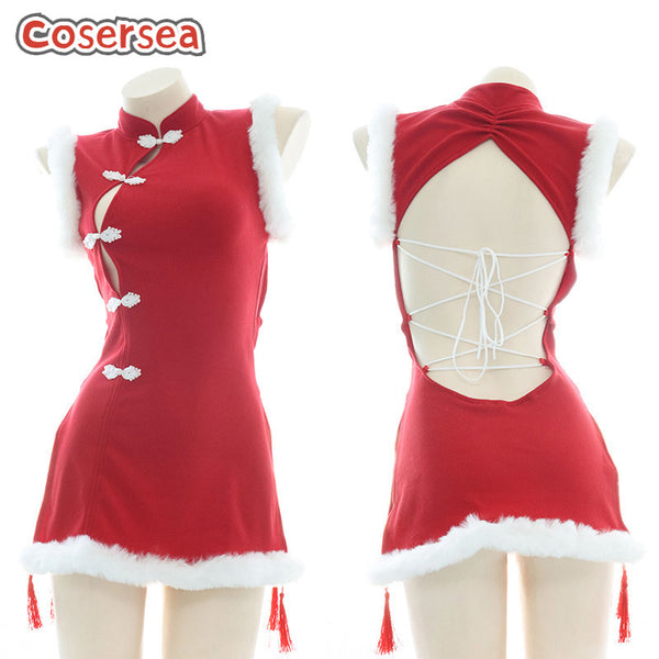 Sexy Women's Backless Plush Cheongsam Soft Cute Red Performance Dress Homewear