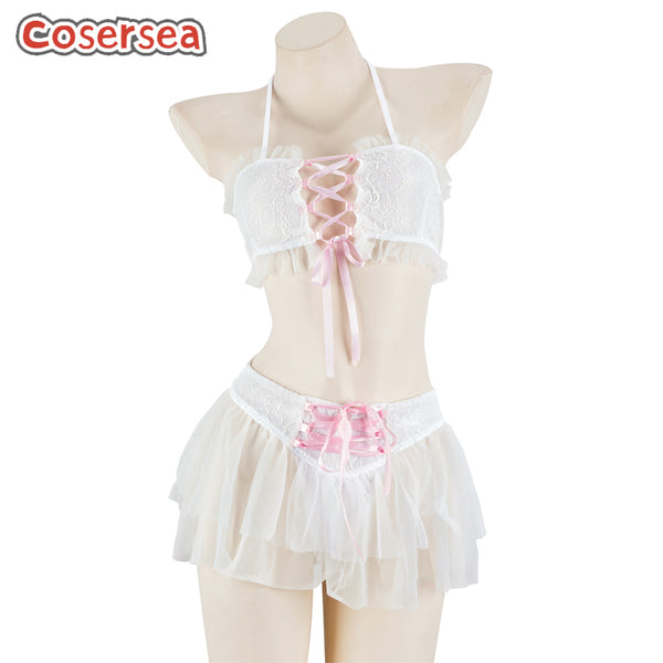 Sexy Women's Lace Chiffon Split Semi Transparent Nightgown Maid Uniform