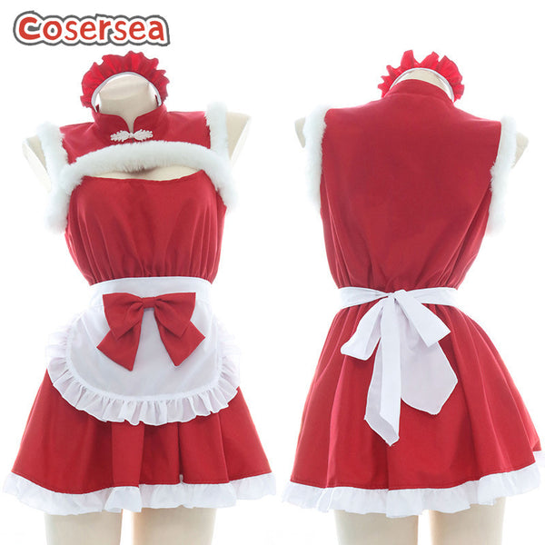 Sexy Women's Red Maid Dress Soft Cute Girl Nightdress Plush Pajamas With Headwear