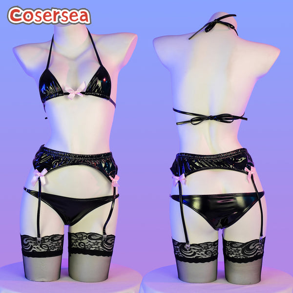 Sexy Underwear PU Leather Halter Bikini Tight Leak Breast Three-point Pajamas