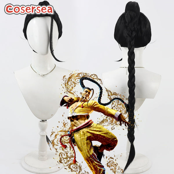 Cosersea Street Fighter 6 Jamie 90cm Black Braided Ponytail Cosplay Wigs