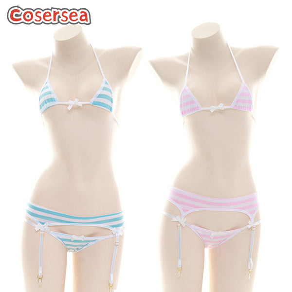 Striped Blue Pink Bikini Private Home Service Underwear Sexy Three-point Suit