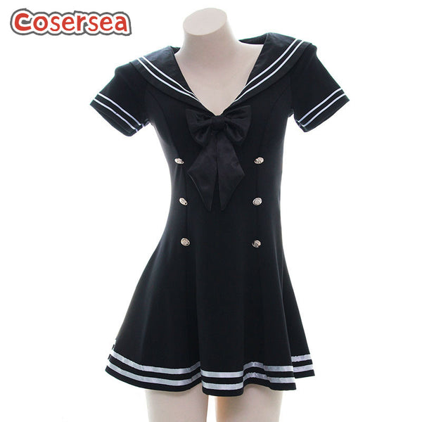 Student Long Black Sailor Dress Japanese Women's Deep V Uniform Bow Maid Nightdress