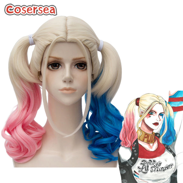 Suicide Squad Harley Quinn 50cm Blonde Mixed Pink And Blue Ponytail Cosplay Wigs