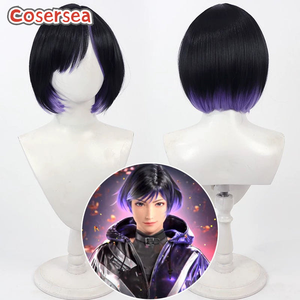Tekken 8 Reina 30cm Black Mixed Purple Cosplay Wigs