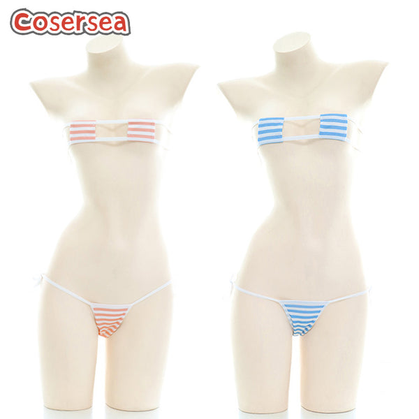 Three-point Blue White Pink Stripe Mini Square Split Bikini Sexy Cosplay Costume