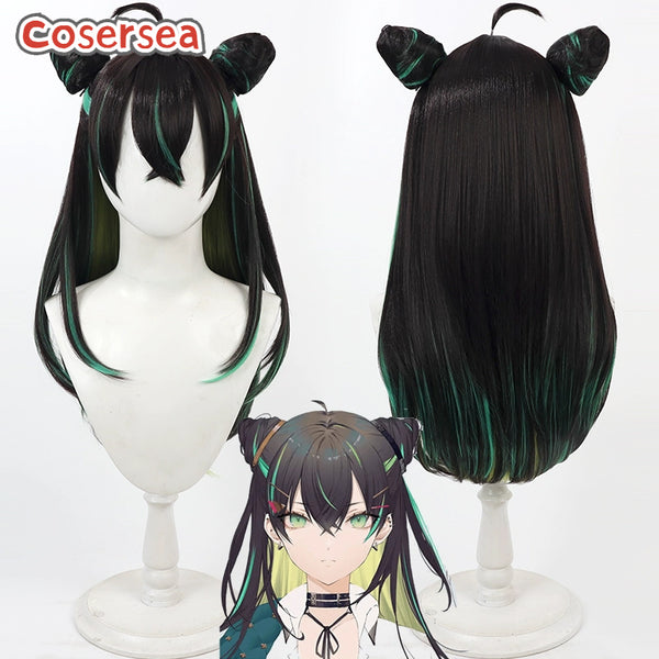 Cosersea Towa Tsugai Hachidori Long Black Mixed Green Cosplay Wigs With Buns