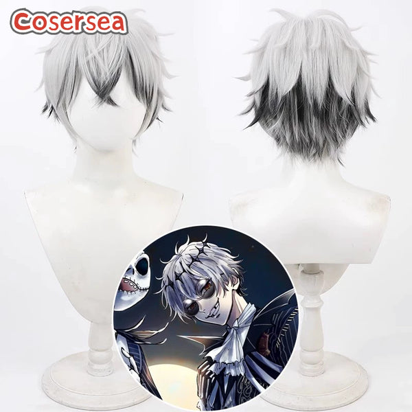 Twisted Wonderland Skully J. Graves 30cm Silver White Mixed Black Cosplay Wigs