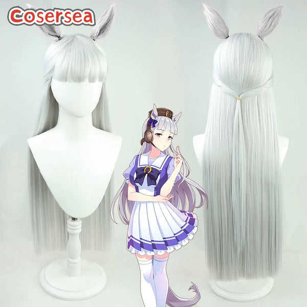 Cosersea Uma musume: Pretty Derby Gold Ship 90cm Silver White Cosplay Wigs With Ears