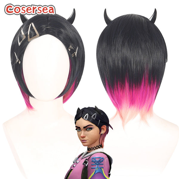 Valorant Clove 35cm Short Black Mixed Pink Cosplay Wigs