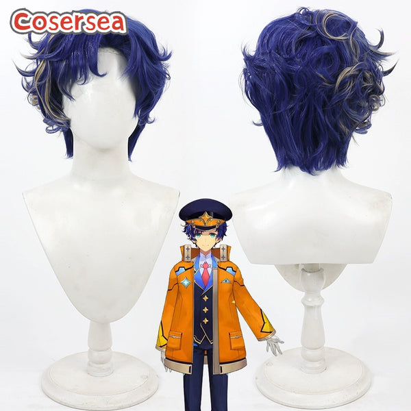 Virtual YouTuber Astel Leda 30cm Short Wavy Blue Mixed Blonde Cosplay Wigs