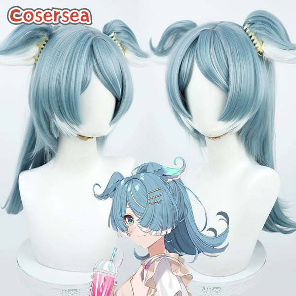 Virtual YouTuber Elira Pendora 60cm Blue Mixed White Ponytail Cosplay Wigs