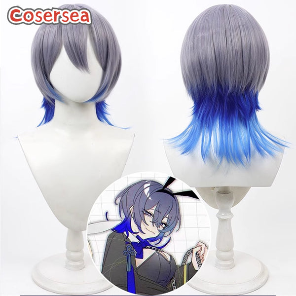 Virtual YouTuber Koyanagi Rou 40cm Gray Mixed Blue Cosplay Wigs