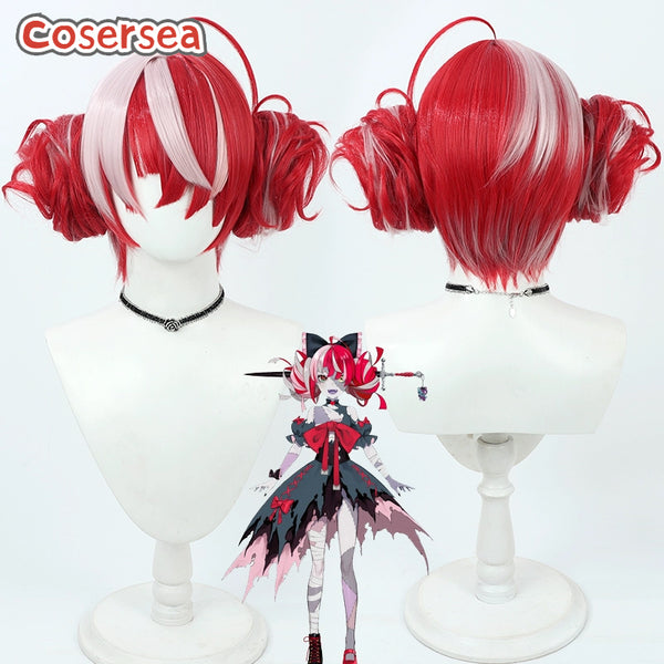 Virtual YouTuber Kureiji Ollie 30cm Red Mixed White Cosplay Wigs With Buns