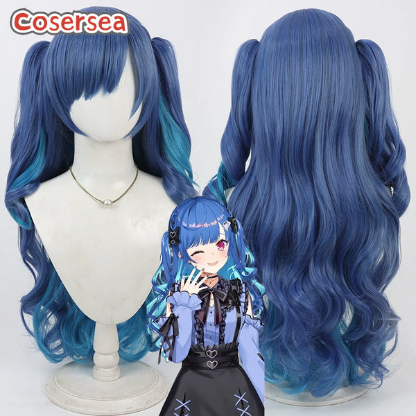 Virtual YouTuber Nishizono Chigusa 80cm Wavy Mixed Blue Ponytail Cosplay Wigs