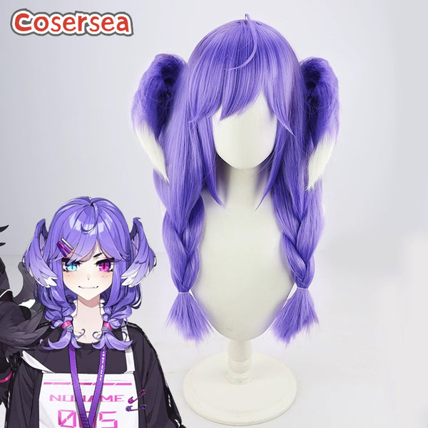 Virtual YouTuber Selen Tatsuki 60cm Purple Mixed White Braided Cosplay Wigs