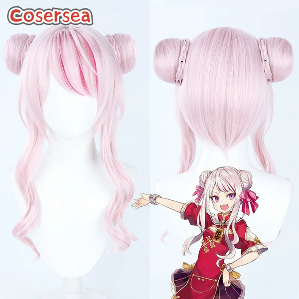 Virtual YouTuber Tanaka Hime 50cm Pink Cosplay Wigs With Buns