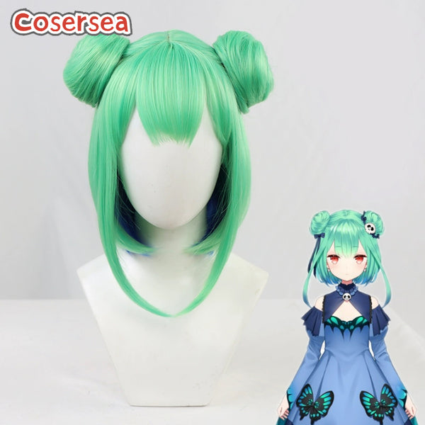 Virtual YouTuber Uruha Rushia 33cm Green Mixed Blue Cosplay Wigs With Buns