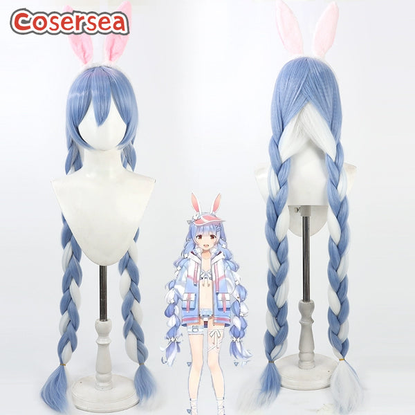 Virtual YouTuber Usada Pekora 120cm Light Blue Mixed White Braided Cosplay Wigs