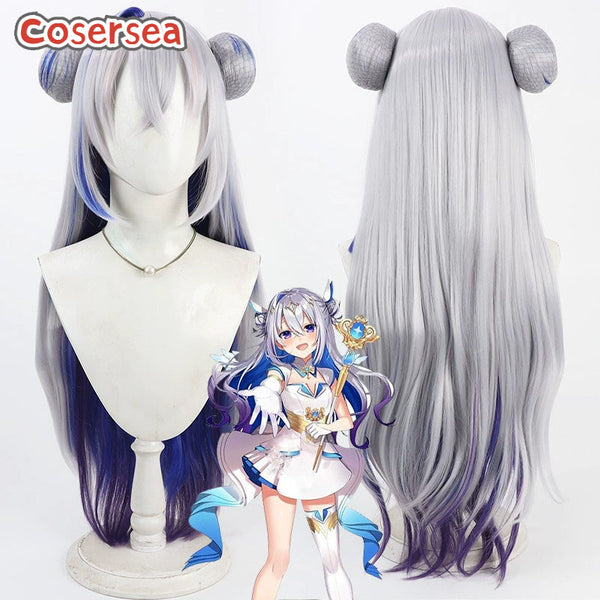 Virtual YouTuber Amane Kanata 90cm Silver Gray Mixed Purple Blue Cosplay Wigs With Buns