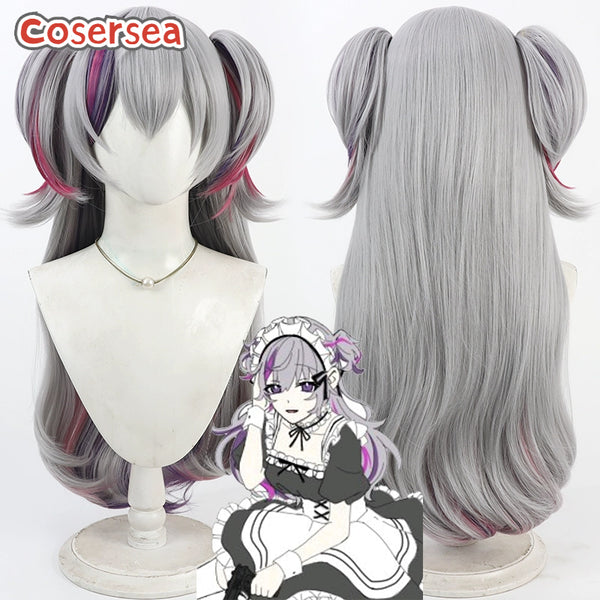 Virtual YouTuber Fuwa Minato 80cm Gray Mixed Ponytail Cosplay Wigs