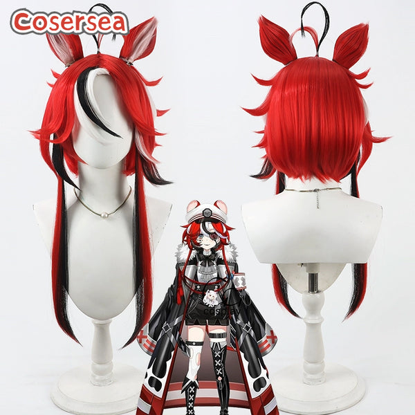 Cosersea Virtual YouTuber Hakos Baelz 60cm Red Mixed Black White Cosplay Wigs With Ears