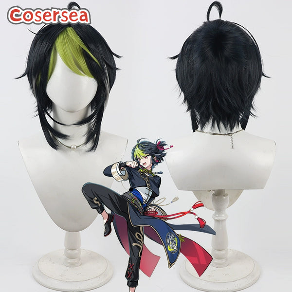 Cosersea Virtual YouTuber Inami Rai 30cm Dark Blue Mixed Green Ponytail Cosplay Wigs
