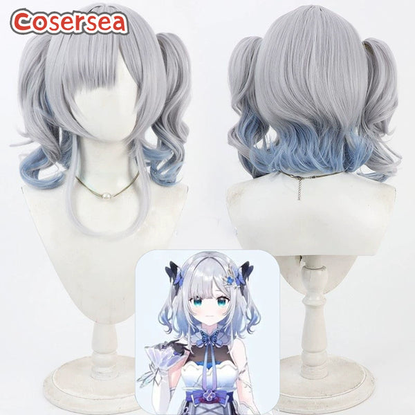 Virtual YouTuber Kaga Sumire 30cm Gray Mixed Blue Ponytail Cosplay Wigs