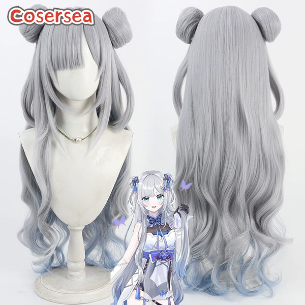 Virtual YouTuber Kaga Sumire 90cm Gray Mixed Blue Cosplay Wigs With Buns